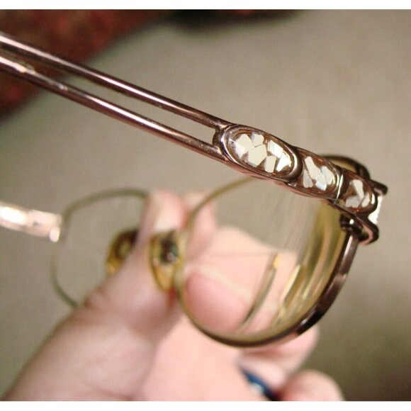 Full Rim Gold Oval Eyeglasses Frame Abalone Shell Insets Arms w/ Case Rose Gold? - Picture 8 of 13